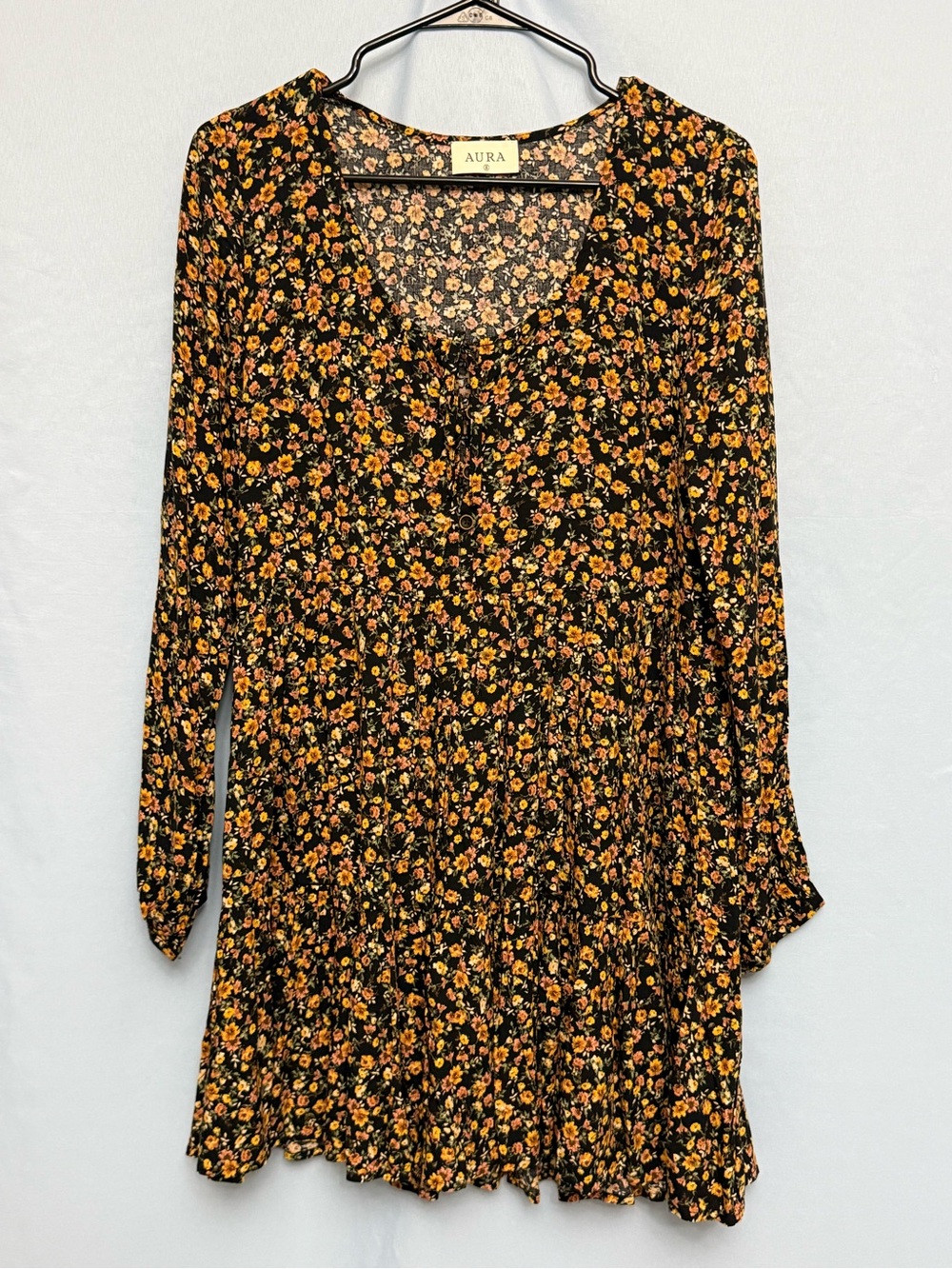 Aura Black Floral Long Sleeve Dress with Yellow & Orange Blossoms